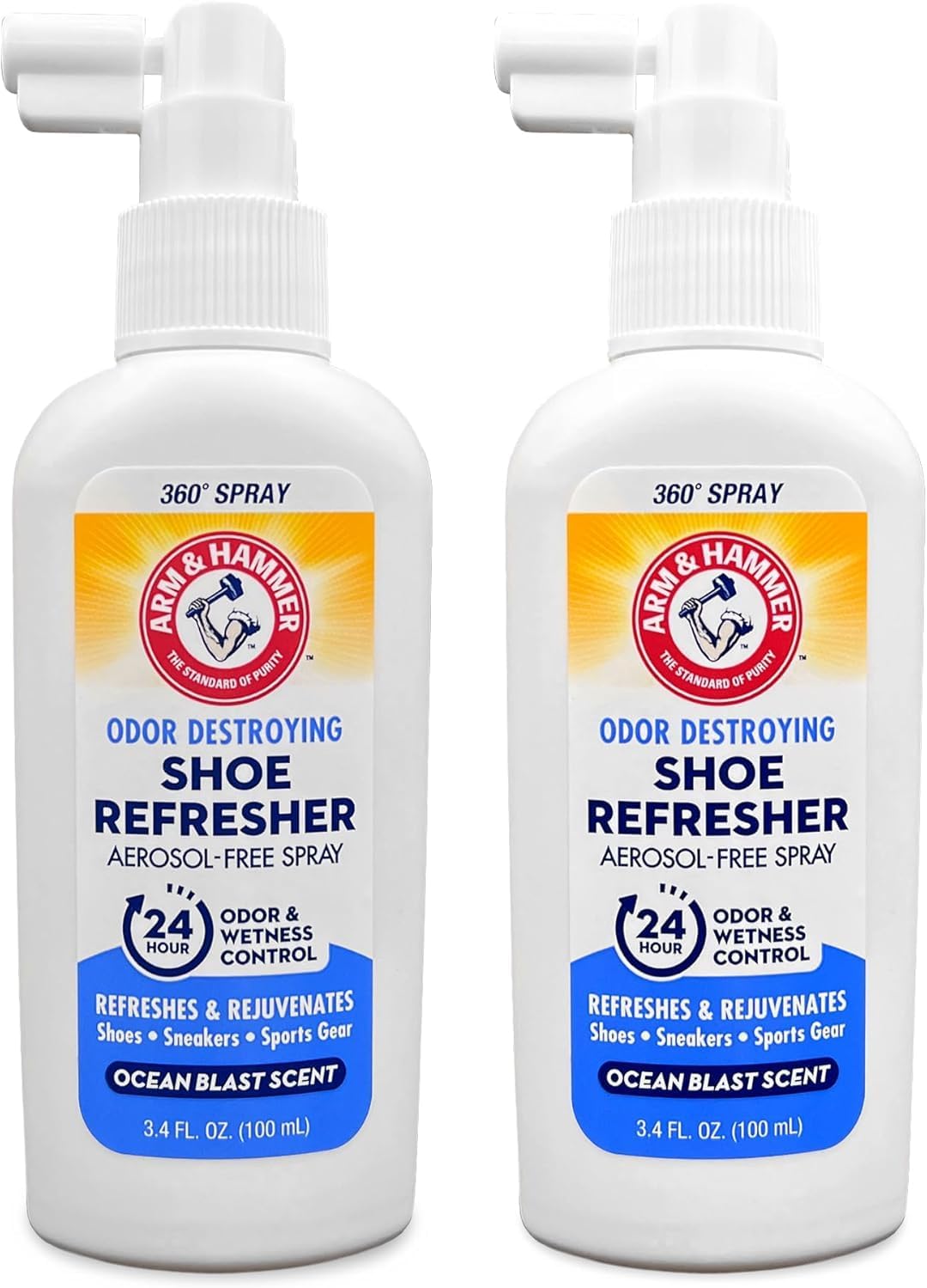 Arm & Hammer Shoe Refresher Spray, Odor Eliminator for Sneakers, 24 Odor & Wetness Control, Aerosol-Free Shoe Deodorizer Spray, Ocean Blast Scent, 3.4 oz