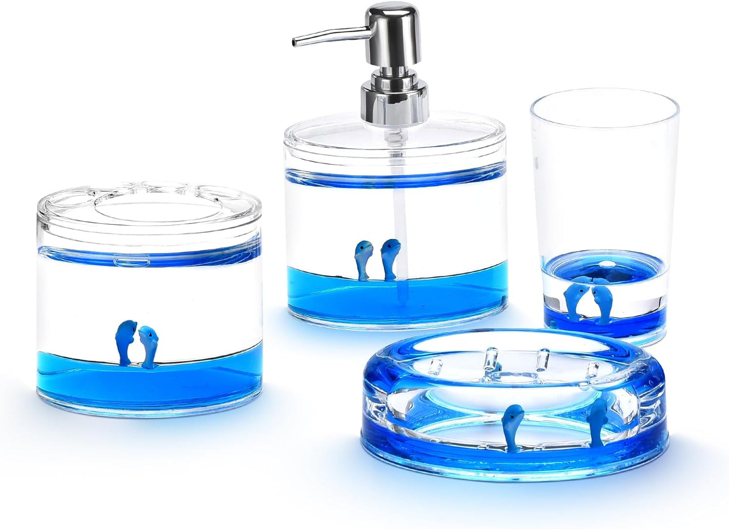 Locco Decor 5 Piece Acrylic Liquid 4D Floating Motion Bathroom Vanity Accessory Set Garden Botanic Green Plants Toothbrush Holder, Tumbler, Soap Dispenser, Soap Dish, Toiletbrush Holder Set