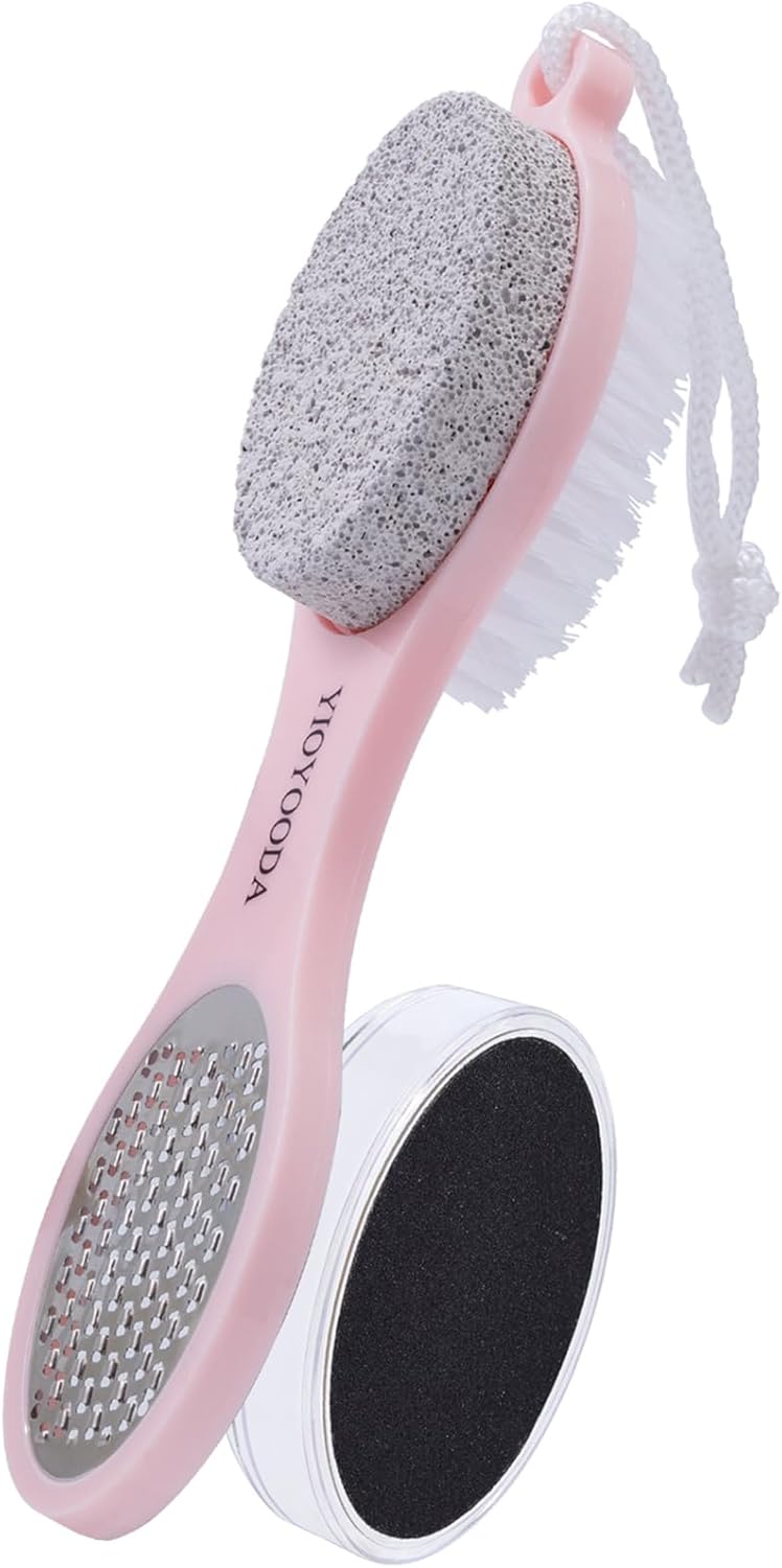 Foot File Callus Remover 5-in-1, 2 Pcs Feet Scraper Pedicure Tools with Pumice Stone, Scrubber Brush, Stainless Steel Foot Rasp and Sand Paper Debris Catcher, Multi Purpose, Cyan