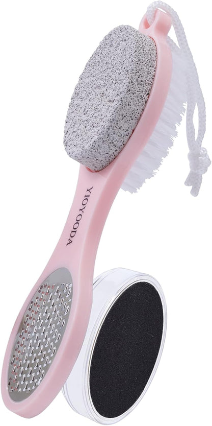 Foot File Callus Remover 5-in-1, 2 Pcs Feet Scraper Pedicure Tools with Pumice Stone, Scrubber Brush, Stainless Steel Foot Rasp and Sand Paper Debris Catcher, Multi Purpose, Cyan