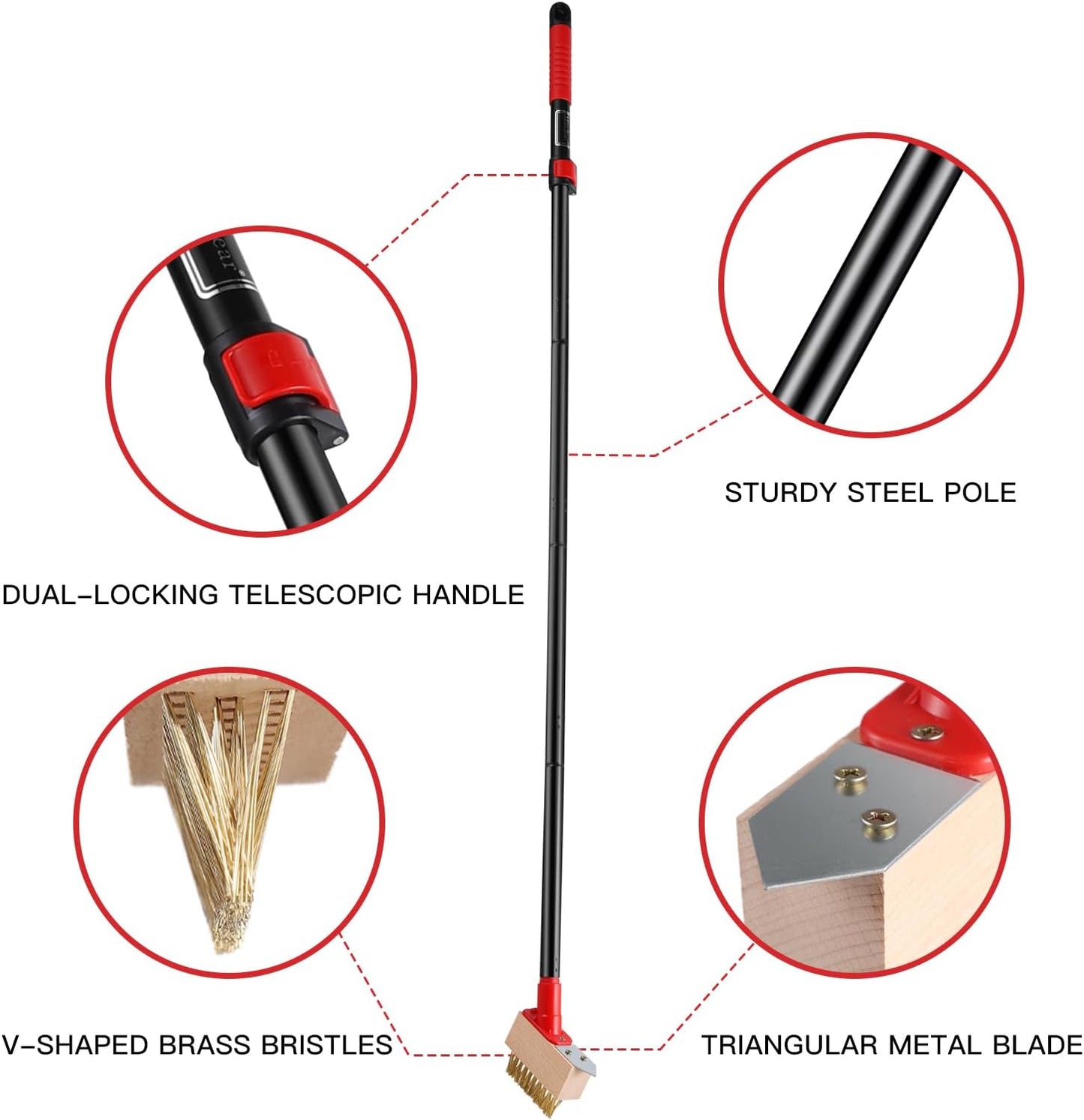Mitclear Moss Remove Brush with Long Handle(53IN), Deck Crevice Cleaning Tool, Weed Remover with Wire Brush & Metal Blade, Crack Moss Remover for Pavement Driveway Patio Sidewalk Paver(3 Brush Heads)