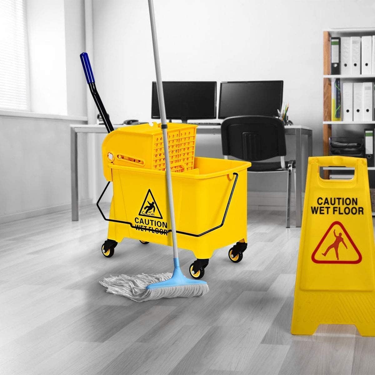 Commercial Mop Bucket on Wheels, Portable Mop Bucket with Side Press Wringer & Handle, Ideal for Household, Industrial Floor Cleaning, 21 Quar