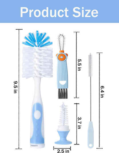 Baby Bottle Brush Set 4 in 1, Baby Bottle Cleaner, with 1P Nylon Bottle Brush, 1P Bottle Cap Brushes, 2P Straw Brushes, Bottle Brush with Nipple Cleaner and Suction Cup, BPA-Free(Green)