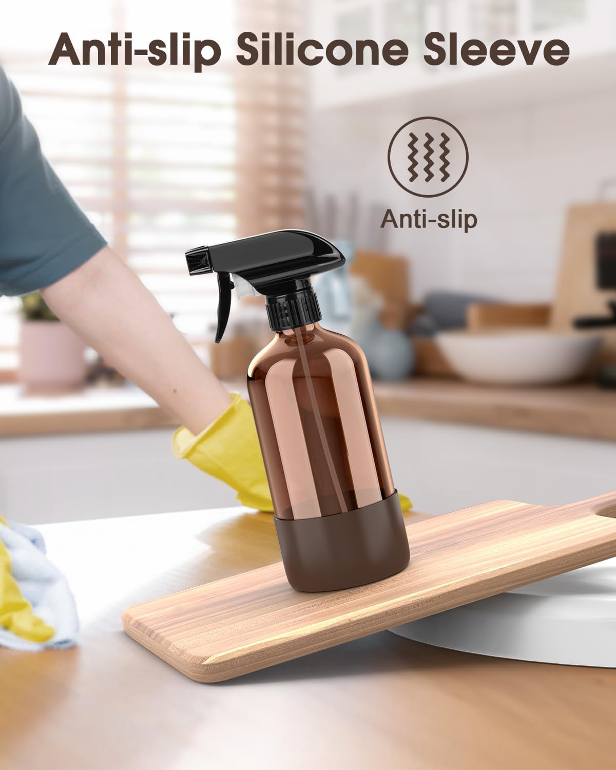 Bontip Glass Spray Bottle with Silicone Sleeve Protection, Amber Glass Spray Bottle Set for Window Cleaner Aromatherapy Facial Hydration Watering Flowers Hair Care 2 Pack/16 oz (Black & Brown)