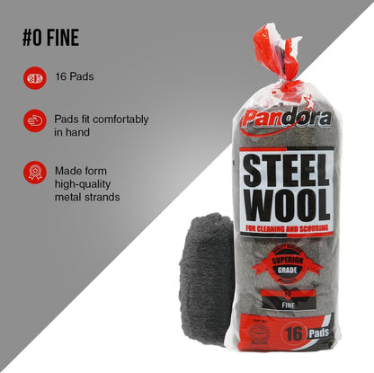 Pandora Steel Wool #2 – Coarse Grade, 16 Pads for Cleaning and Removing - Quality Metal Strands - Ideal to Remove Floor Scuff Marks and Old Wax