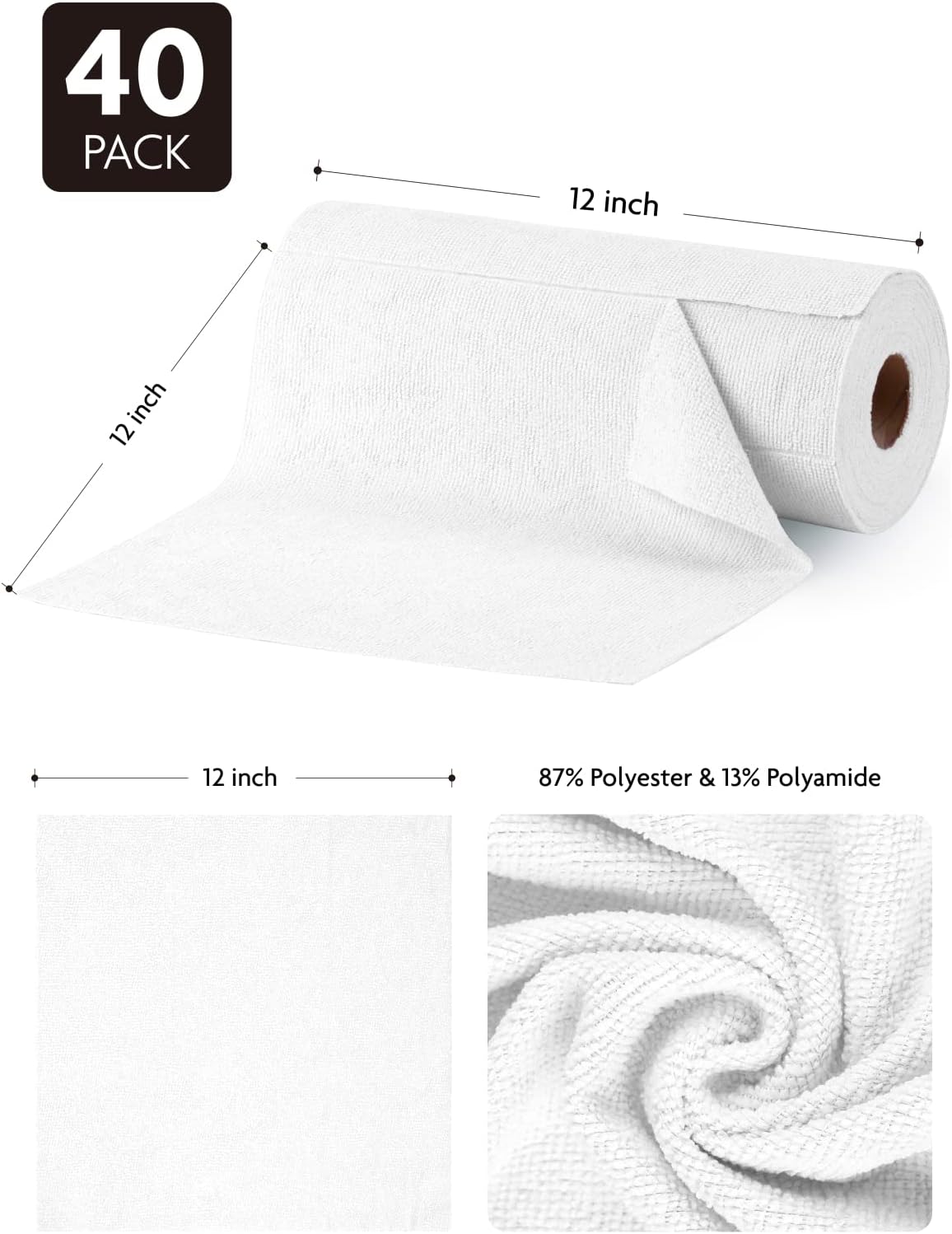 Fantasticlean Microfiber Cleaning Cloth Roll -40 Pack, Tear Away Microfiber Towels, 12" x 12", Reusable, Washable, Scratch Free, Ultra Absorbent Dishcloth for All-Around Cleaning Supplies (White)