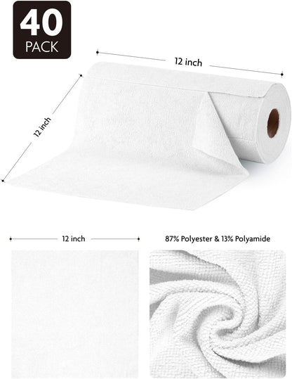 Fantasticlean Microfiber Cleaning Cloth Roll -40 Pack, Tear Away Microfiber Towels, 12" x 12", Reusable, Washable, Scratch Free, Ultra Absorbent Dishcloth for All-Around Cleaning Supplies (White)
