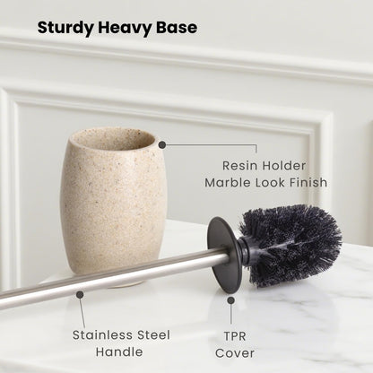 Clasin Home Toilet Bowl Brush and Holder with Stainless Steel Long Handle, Toilet Scrubber Brush with Durable Base, 360° Deep Cleaning Bristles for Bathroom, Compact Set for Small Space (Beige)