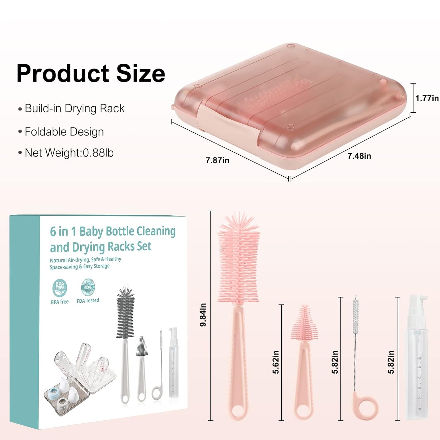 Baby Bottle Brush,6 in 1 Bottle Cleaner Set with Extendable Silicone Bottle Brush,Drying Rack,Nipple & Straw Brushes,Soap Dispenser & Organizer Case,Ideal Gifts for Babies& Moms