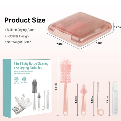 Baby Bottle Brush,6 in 1 Bottle Cleaner Set with Extendable Silicone Bottle Brush,Drying Rack,Nipple & Straw Brushes,Soap Dispenser & Organizer Case,Ideal Gifts for Babies& Moms