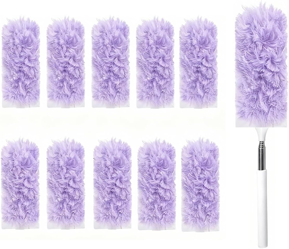 Heavy Duty Duster Refills, Disposable Dusters Kit for Cleaning Dusting Furniture Blind Ceiling Fan, Multi Surface 360 Feather Duster(10)+3FT Extended Handle（1） (Navy Blue)