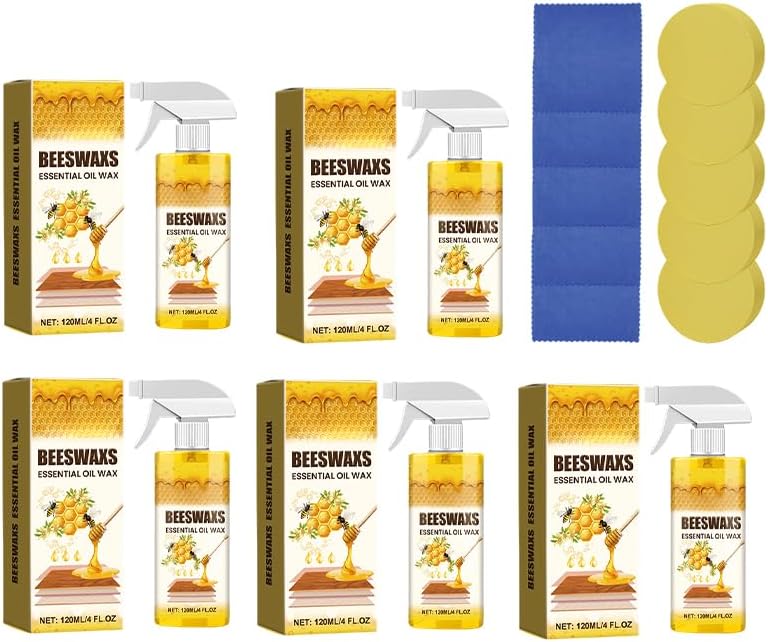 Beeswax Spray for Wood, Bees Wax Furniture Polish and Cleaner with Sponge and Towel, Natural Beeswax Cleaner for Furniture Floors Cabinets, Wood Care for Shine and Protection (4oz 1pc)