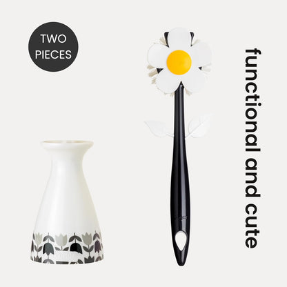 Vigar Flower Power Dish Brush with Vase Brush Holder, Dish Brush with Handle for Pot Scrubber, Dishes, Sink, and Kitchen Essentials, White, Black