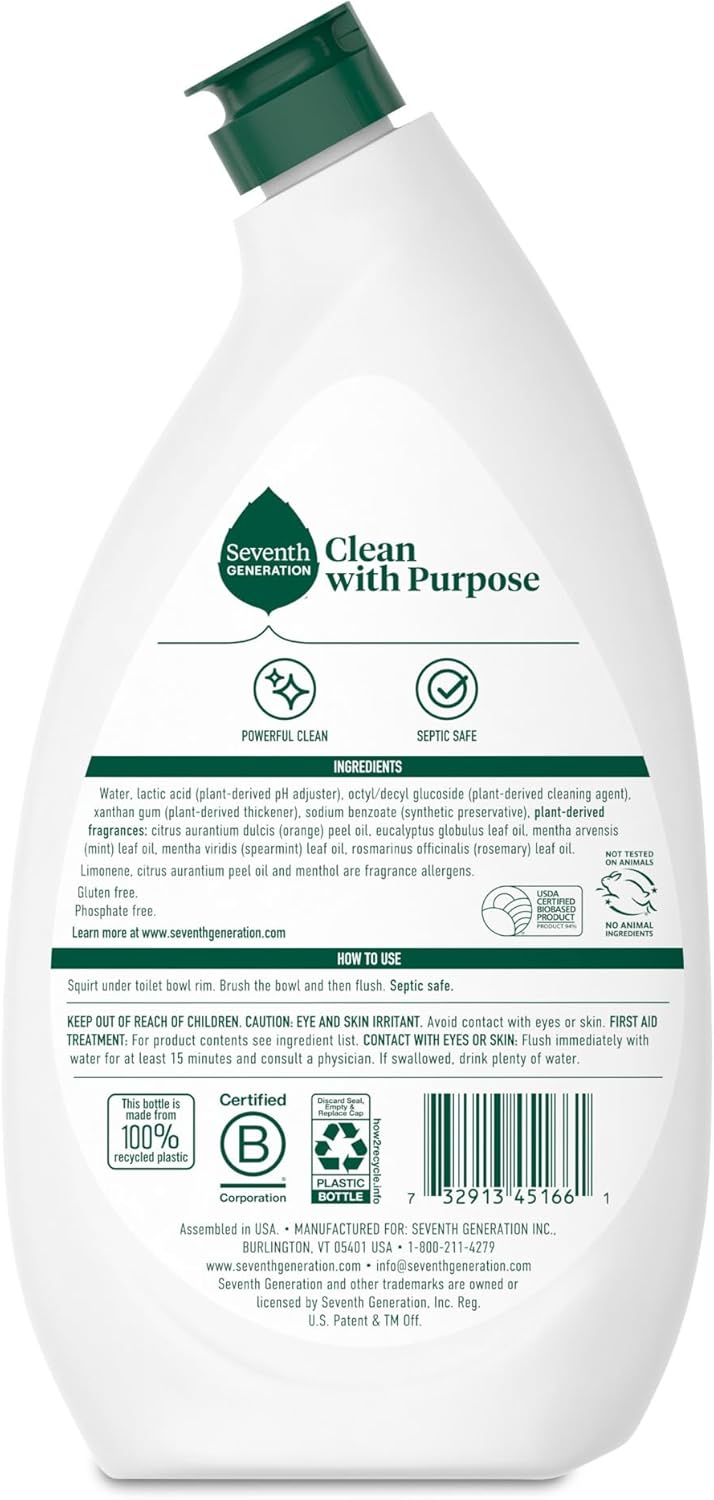 Seventh Generation Toilet Bowl Cleaner Fresh Mint scent 4 Pack Without Chlorine Bleach Ammonia Free 24 oz