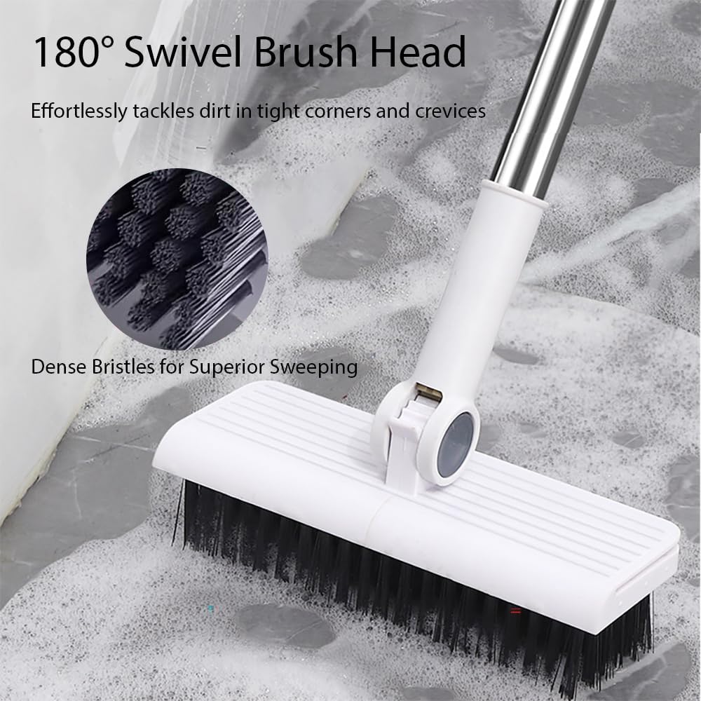 Upgrade Broom with Dustpan Combo Set，Long Handle Self-Cleaning Dust Pan and Brush Set 4-Row Dense Bristles，Indoor Broom Set (White)