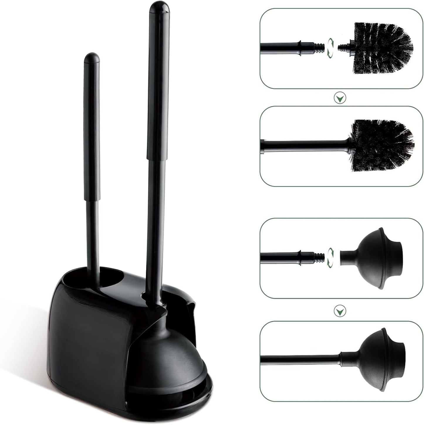 Eyliden Toilet Plunger and Brush Set | 2-in-1 Bathroom Cleaning Tools with Holder | Unclogs Toilets, Deep Cleans Bowls | Compact Caddy Stand | Nylon Bristles, Durable Plastic, Black