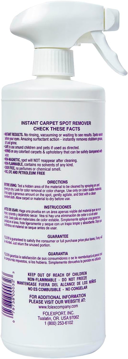 FOLEX Instant Carpet Spot Remover 32 oz – Powerful Stain Remover for Carpets, Upholstery & Rugs – Eliminates Pet Stains, Grease, Red Wine, Food, Makeup & More – With Reusable Cleaning Cloth – 1 Pack