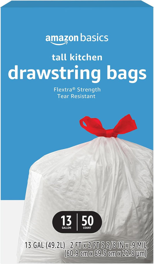 Amazon Basics Flextra Tall Kitchen Drawstring Trash Bags, 13 Gallon, 120 Count