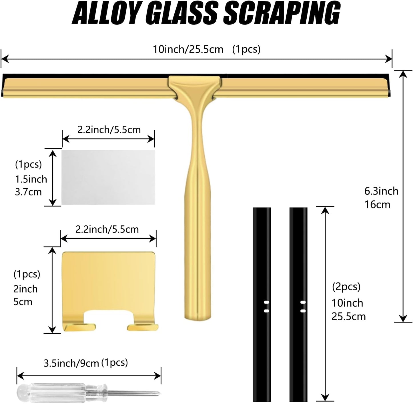 Shower Squeegee for Glass Doors,10 Inch Stainless Steel Squeegee for Shower Glass with Storage Hook, Shower Squeegee for Tile Shower Walls, Window Mirror Squeegee and Car Glass (Gold)