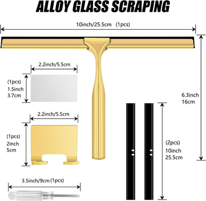 Shower Squeegee for Glass Doors,10 Inch Stainless Steel Squeegee for Shower Glass with Storage Hook, Shower Squeegee for Tile Shower Walls, Window Mirror Squeegee and Car Glass (Gold)