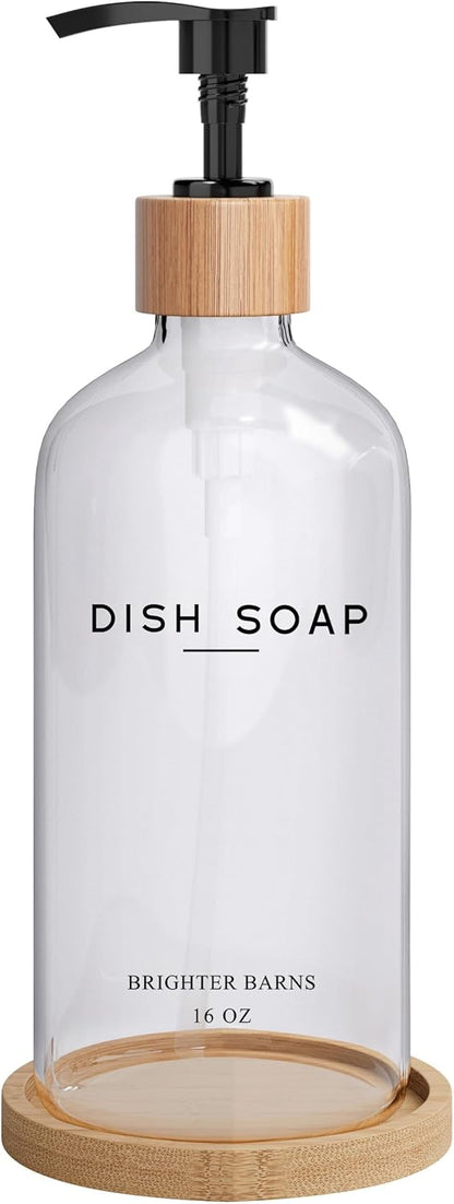 Clear Glass Dish Soap Dispenser by Brighter Barns - Kitchen Sink Set With Bamboo Tray - Modern Decor and Accessories, Minimalist Neutral Home (Clear)
