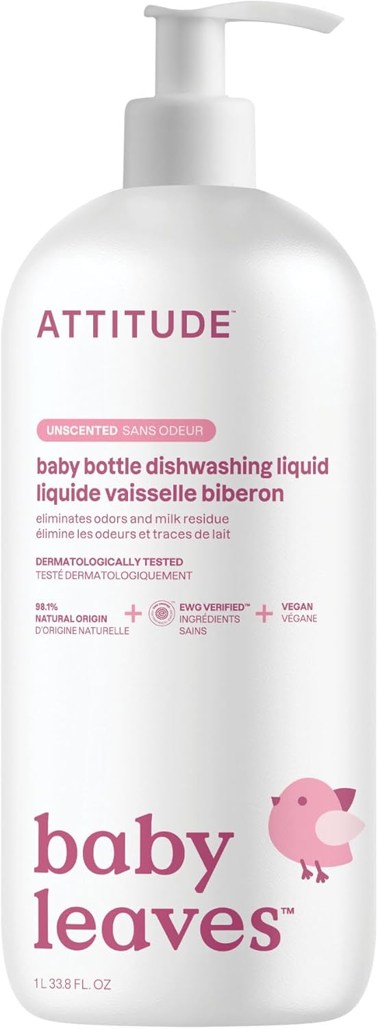 ATTITUDE Baby Bottle & Dish Soap, EWG Verified Bottle Cleaner, Fragrance Free & Dye Free, Removes Milk Residue & Grease, Vegan, Unscented, 23.7 Fl Oz