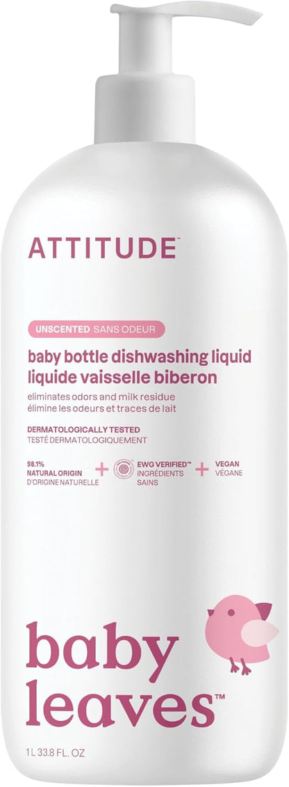 ATTITUDE Baby Bottle & Dish Soap, EWG Verified Bottle Cleaner, Fragrance Free & Dye Free, Removes Milk Residue & Grease, Vegan, Unscented, 23.7 Fl Oz