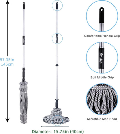 Eyliden Mop with 2 Reusable Microfiber Heads, Easy Wringing Twist Mop, 57.5 inch Long Handle, Wet Mops for Floor Cleaning, Commercial Household Clean Hardwood, Vinyl, Tile, and More (White)