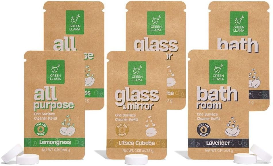 Green Llama Eco-Friendly Cleaning Tablet Variety Pack - Multi-Surface, Glass & Bathroom Cleaner Refills, Compostable, Plant-Based, Family & Pet Safe - Sample Pack with 6 Tablets