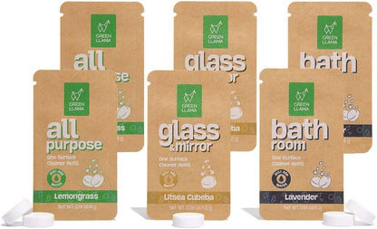 Green Llama Eco-Friendly Cleaning Tablet Variety Pack - Multi-Surface, Glass & Bathroom Cleaner Refills, Compostable, Plant-Based, Family & Pet Safe - Sample Pack with 6 Tablets
