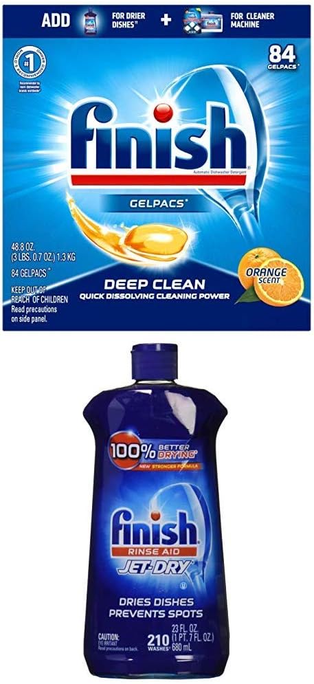 Finish All in 1 Gelpacs Orange, Dishwasher Detergent Tablets 84 ea and Finish Jet-Dry Rinse Aid, 23oz, Dishwasher Rinse Agent & Drying Agent