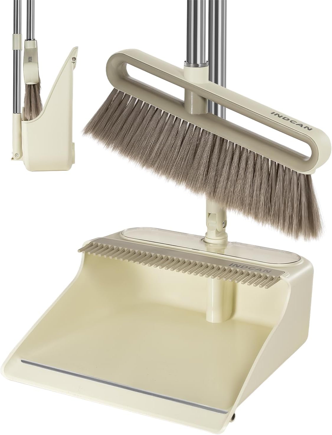 INDCAN Broom and Dustpan Set with 52" Adjustable Long Handle, Upright Standing Dustpan with Comb Teeth, Foldable Dustpan, Angled Broom Head for Corners, Indoor Floor Sweeping Set (Santra Lite)