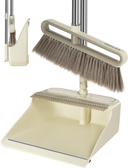 INDCAN Broom and Dustpan Set with 52" Adjustable Long Handle, Upright Standing Dustpan with Comb Teeth, Foldable Dustpan, Angled Broom Head for Corners, Indoor Floor Sweeping Set (Santra Lite)