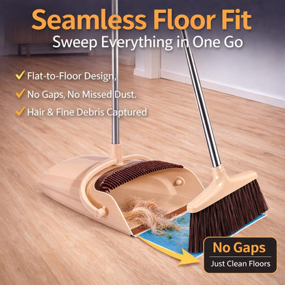 Broom and Dustpan Set with Long Handle, Upright Standing Self-Cleaning Combo, Windproof Dustpan with 6 Bonus Cleaning Tools for Pet Hair, Home, Kitchen, Garage & Apartment