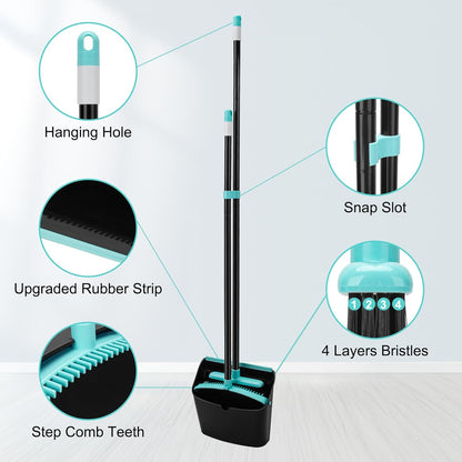 Upgrade Broom and Dustpan Combo Set, Extendable 52" Long Handle Broom for Easy Sweeping, Self-Cleaning Dust pan Teeth for Pet Hair, Perfect for Home, Kitchen, and Office