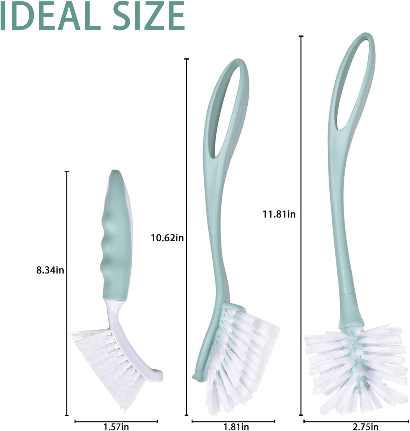 Dish Brush with Handle, Kitchen Deep Cleaning Dish Scrub Brush, 3 Pieces Ergonomic Built-in Hanging Loops Scrubber Brush Set for Pot, Dish, Pans, Bottle, Sink Cleaning, Nordic Green