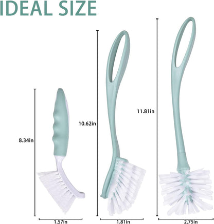 Dish Brush with Handle, Kitchen Deep Cleaning Dish Scrub Brush, 3 Pieces Ergonomic Built-in Hanging Loops Scrubber Brush Set for Pot, Dish, Pans, Bottle, Sink Cleaning, Nordic Green