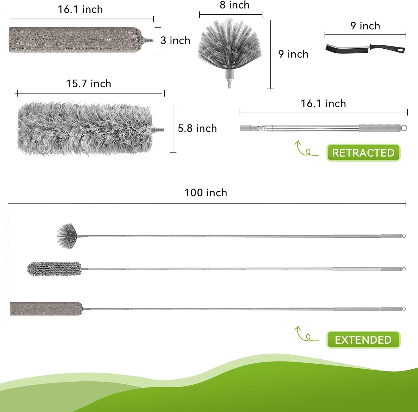 100-inch Duster with Extension Pole, 9-in-1 Cobweb Duster Kit Includes Spider Web Brush & Flat Gap Cleaner for High Ceiling, Fan, Under Appliances, Car, Home Deep Cleaning