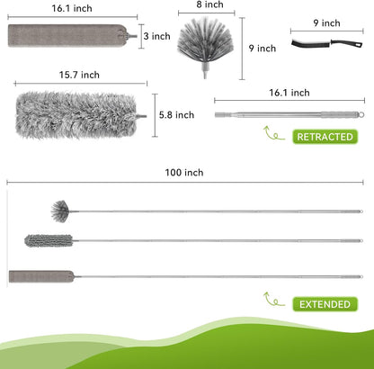 100-inch Duster with Extension Pole, 9-in-1 Cobweb Duster Kit Includes Spider Web Brush & Flat Gap Cleaner for High Ceiling, Fan, Under Appliances, Car, Home Deep Cleaning