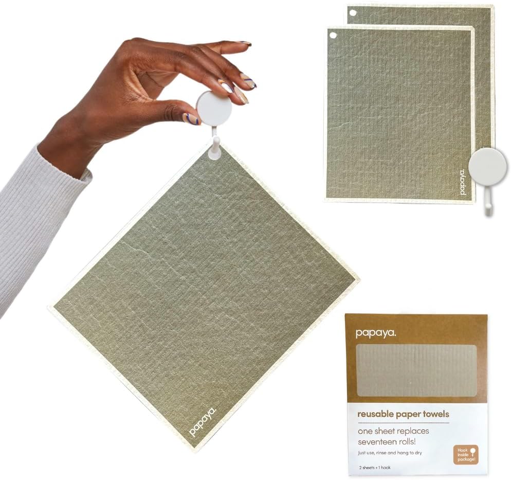 Papaya Reusable Paper Towels, Premium Swedish Dishcloths with Hook, Non-Scratch Reusable Paper Towel, 1 Sheet Replaces 17 Rolls - 2 Sheets, 1 Hook