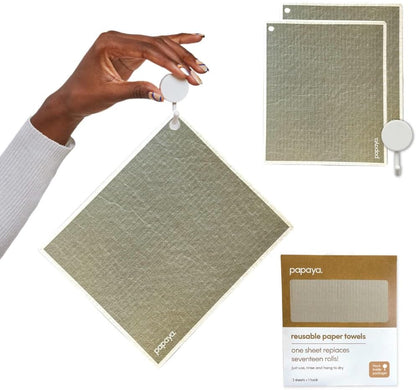 Papaya Reusable Paper Towels, Premium Swedish Dishcloths with Hook, Non-Scratch Reusable Paper Towel, 1 Sheet Replaces 17 Rolls - 2 Sheets, 1 Hook