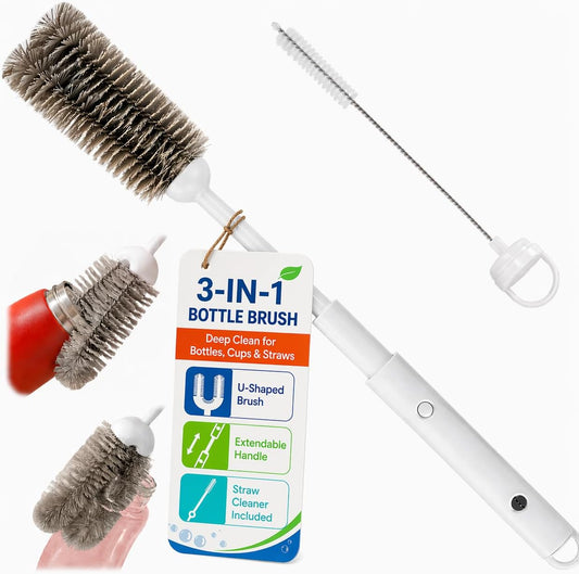 3-in-1 Water Bottle Brushes for Cleaning, 16" Extendable Long Handle Cup Cleaner Scrubber with Hidden Straw Brush for 40oz 55oz Tumblers, Wine Glass, Sports Mugs & Narrow Necks