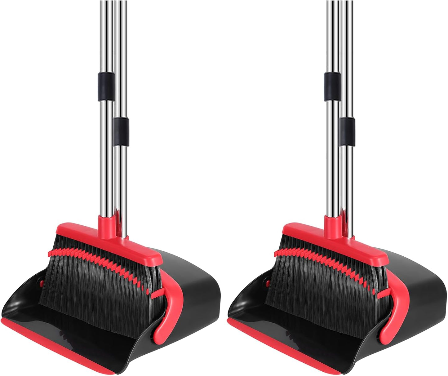 NACENA Broom and Dustpan Set, 52-in Long Adjustable Handle Broom Dustpan Combo with Dustpan Teeth to Automatically Clean Hair Suitable for Home Kitchen Office Hall Floor（Black&Red）
