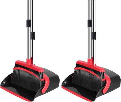 NACENA Broom and Dustpan Set, 52-in Long Adjustable Handle Broom Dustpan Combo with Dustpan Teeth to Automatically Clean Hair Suitable for Home Kitchen Office Hall Floor（Black&Red）