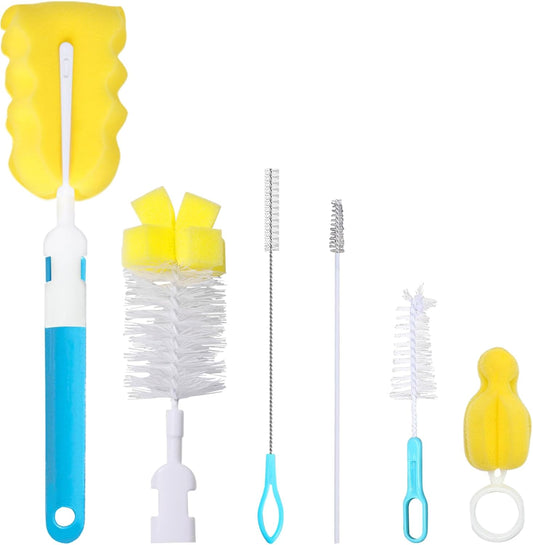 Baby Bottle Cleaning Brush 6-Piece Set Detachable Sponge Bottle Brush, Nylon Milk Bottle Brush, 2PCS Nipple Brush, 2PCS Straw Brush (Pink)