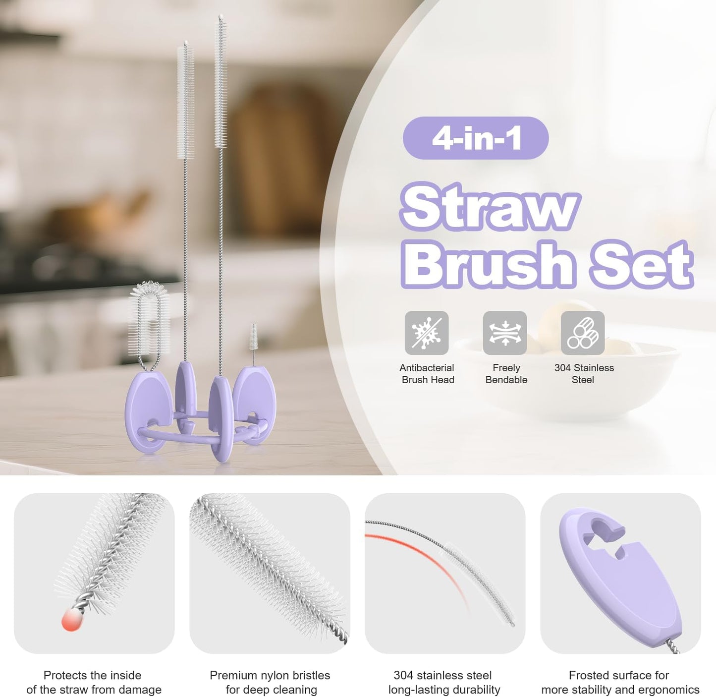 YOTIME 4in1 Straw Cleaner Brush Set, Reusable Standing Straw Brushs with Holder Ring, for Wide and Narrow Straws, Tumblers, Water Bottles and Cups, Pink