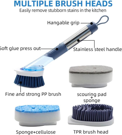 Multifunctional Kitchen Dish Washing Brush Set with Automatic Liquid Filling, Long Handle Scrub Brush with Stand, Blue