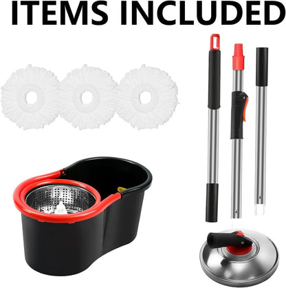 Spin Mop and Bucket Set, 360° Spinning Mop and Bucket System, for Mop Floor Cleaning, with 3 Microfiber Mop Replacement Heads and 61" Stainless Steel Adjustable Handle