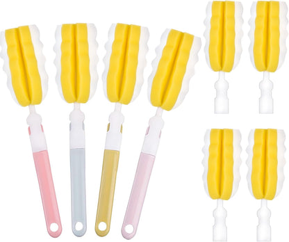 INVODA 4PCS Bottle Brush Long Handle Cup Cleaner Brush Sponge Bottle Scrubber Detachable Handle Portable Sponge Cleaning Brush for Baby Bottle Dishwashing Kitchen Clean Glasses Mugs (4 PCS)
