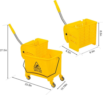 Mop Bucket with Side Press Wringer on Wheels, 20 Quart Side Press Wringer Combo Mop and Bucket with Wringer Set, Commercial Mop Bucket on Wheels for Home Business Cleaning (Yellow)